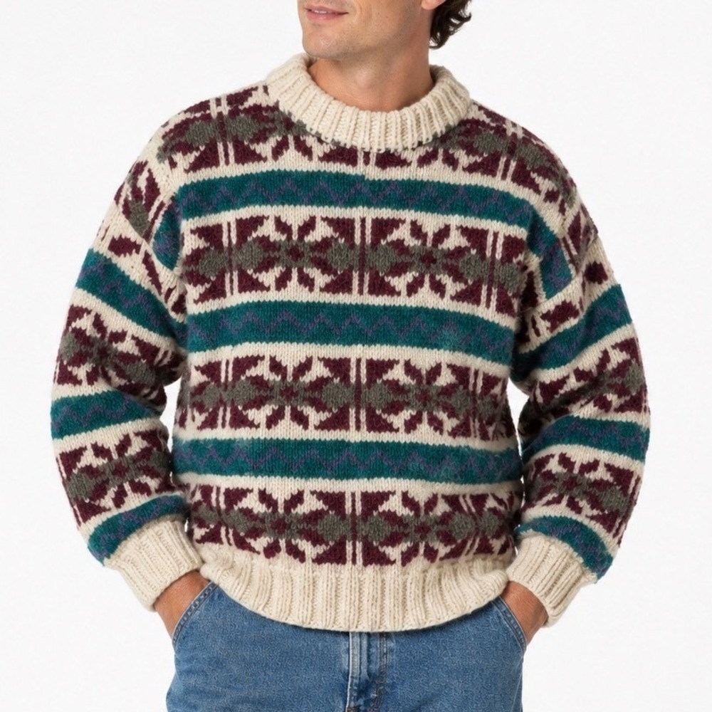 Vintage‎ Del Mundo 100% Wool Fair Isle Knit Sweater Burgundy Teal Men's Large